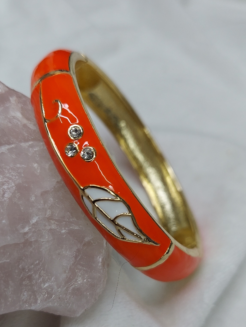 Gold-Tone Orange Enamel Leaf Bangle with Crystal Accents